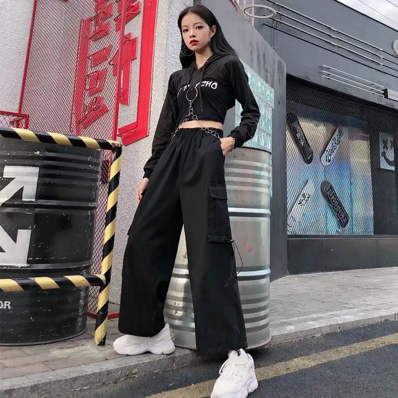 

Harajuku однотонные брюки-карго черные брюки с высокой талией и карманами уличная женская одежда Ulzzang шикарные спортивные штаны для бега Штаны ...