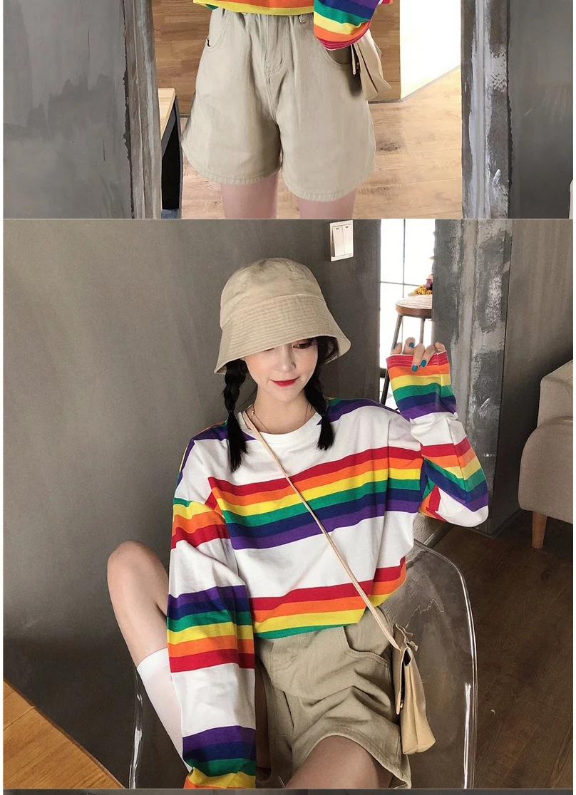 Женская футболка SAutumn Топы в Корейском стиле Ulzzang Harajuku Радужная полосатая футболка для женщин футболка с длинными рукавами женская повседневная одежда