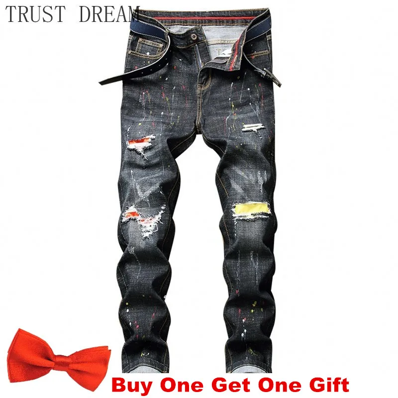 Мужские джинсы с цветочным принтом в горошек рваные дырками Homme Hombre уличная