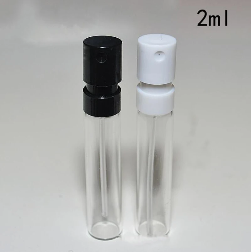 

Hot Selling small refillable perfume spray glass bottle 2ml glass perfume vials with black white atomizer large stocks