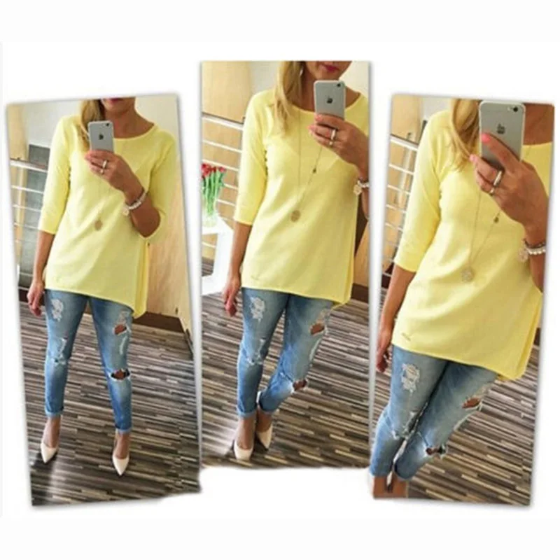 M& DE футболка для женщин рукав три четверти однотонная с круглым вырезом camisa feminina лето осень футболка женская poleras mujer de moda