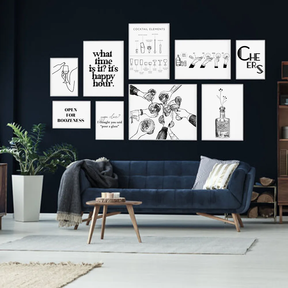 Бар черно-белые грандиозные галлерикаты и принты вина Художественная Картина на