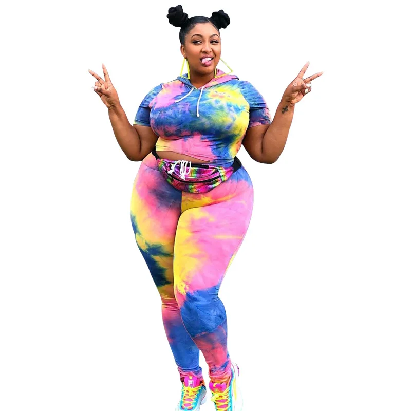 Plus size new women summer tie-dye Print Hooded top& long pants suit two piece set sporty tracksuits outfit GL1888