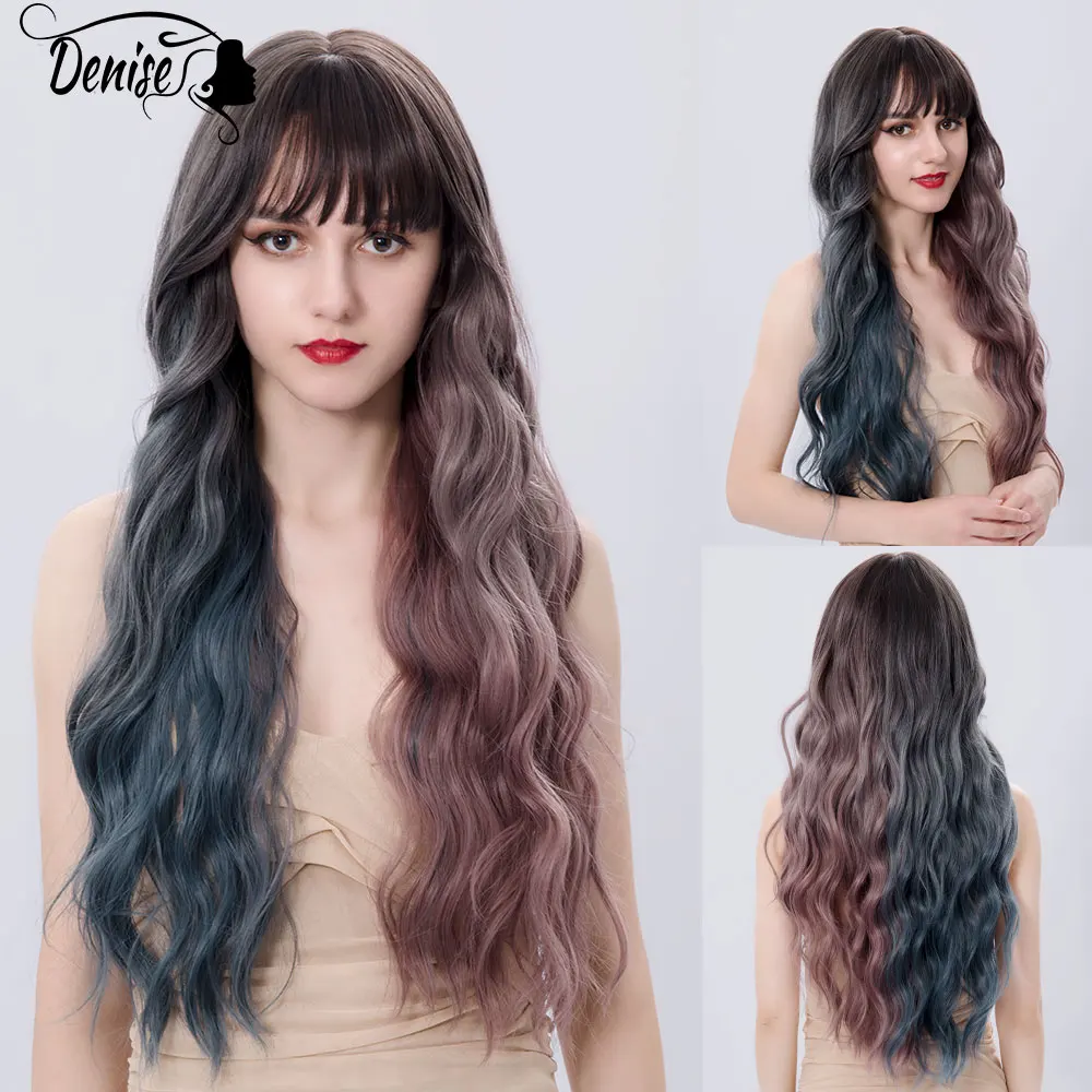 Mavi gri mor uzun dalga Ombre saç sentetik peruk beyaz kadınlar için patlama ile doğal günlük Cosplay isıya dayanıklı Fiber peruk