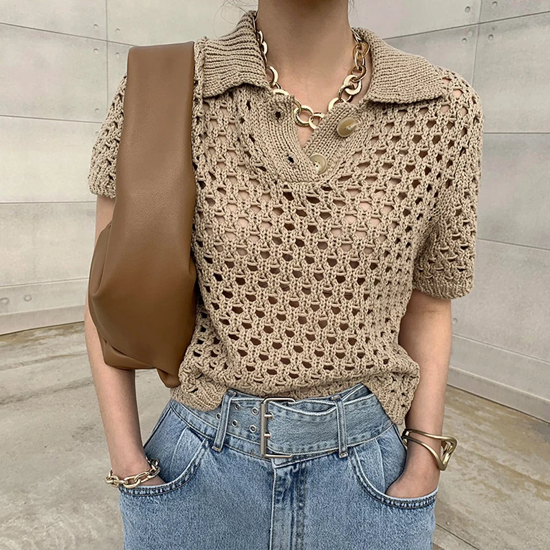 

Women T-Shirt 2021 Summer Korean French Retro Lapel Mesh Hollow Perspective Design Casual Short-Sleeved Sweater