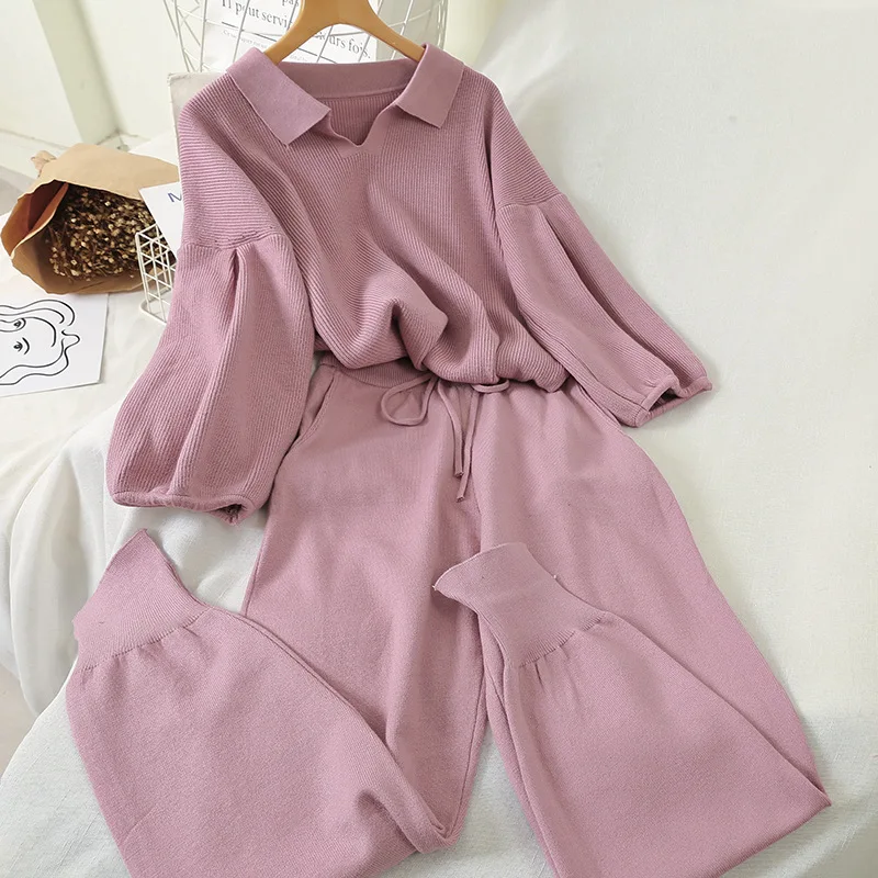 Трикотажные костюмы женщин комплект из двух предметов свитер топ и штаны