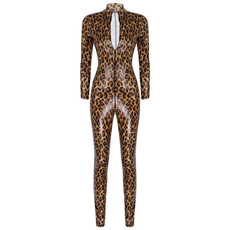 

Sexy Luipaard Print Jumpsuits Wetlook Faux Leather Catsuit Pvc Latex Bodysuit Clubwear Fetish Hot Erotische Pole Dance Kostuum