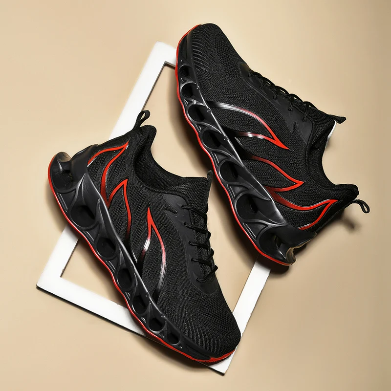 Brand Men's Flame Printed Sneakers Flying Weave Sports Shoes Comfortable Running Shoes Outdoor Male Athletic Shoes Plus Size 47