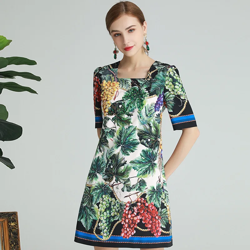 

Elegant Women 2021 Spring Summer Runway Fashion Beading Print Dress Square Collar Casual Robe Femme Loose Vintage Vestidos Lady