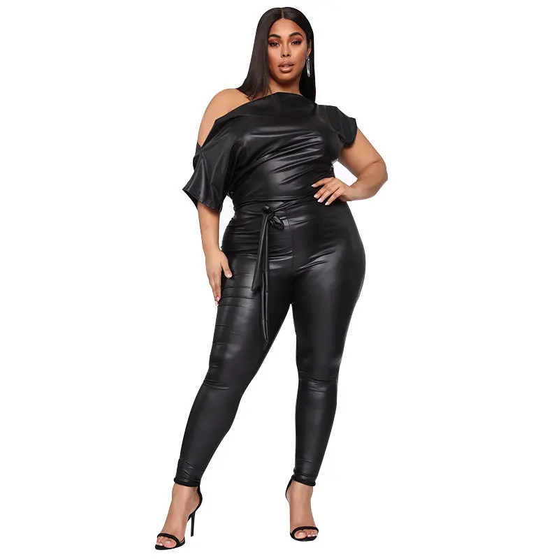 

women body style of PU leather pants in autumn leggings with bare shoulders sexy tight women's jumpsuit body manche longue