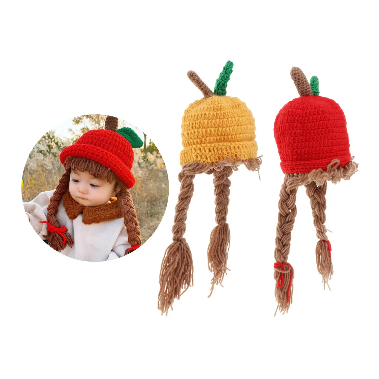 

48cm Kids Knitted Wig Hat with 2 Big Braid Girls Cute Winter Cap Apple Shape