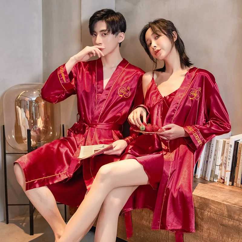 Extra Large Black 2pcs Robe Suit Sleepwear Male Silk Champagne Dressing Gown Robe Lovers Mens Satin Bathrobe Silk Kimono XXXL