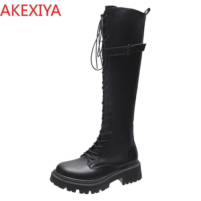 

Chunky Platform Pu Leather Knee High Boots Women Punk Increasing Long Woman Lace Up Booties Mujer 2021 Zip Chelsea