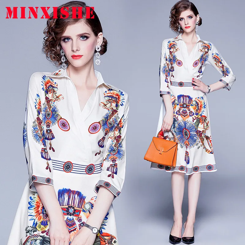 2019 Новые осенне весенние женские платья миди с длинным рукавом v образным вырезом