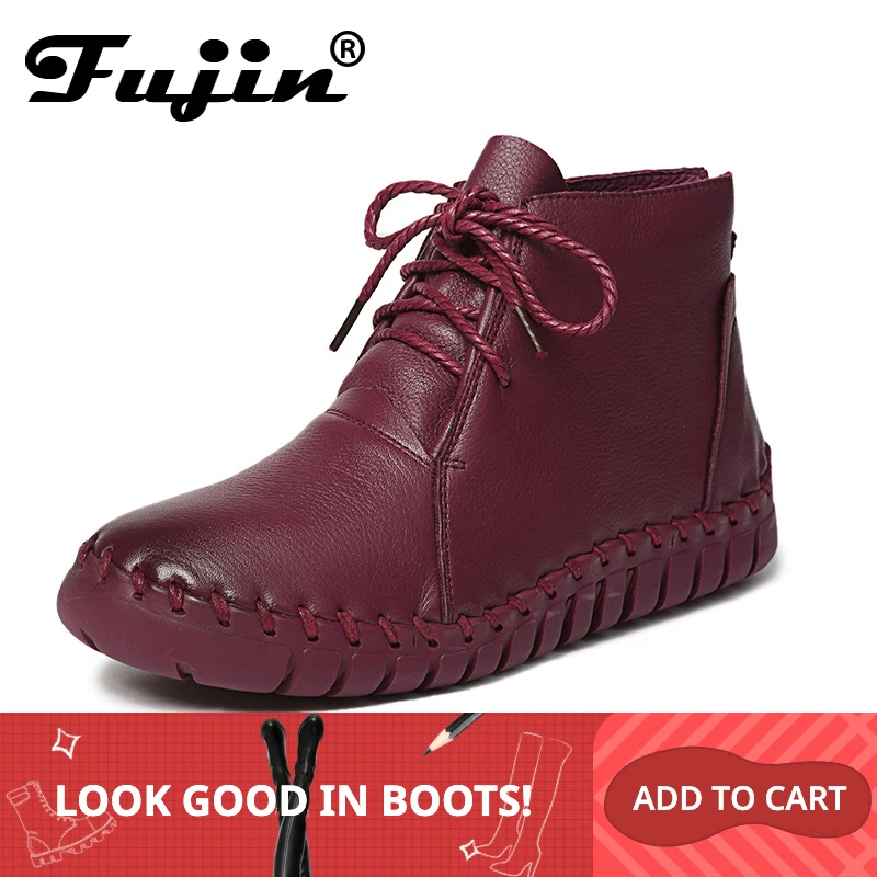 Fujin/женские ботинки из натуральной кожи Зимние плюшевые на плоской подошве