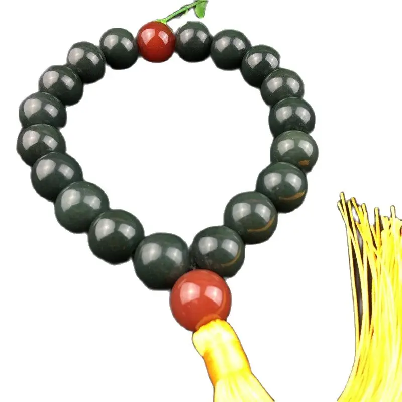 

China Hand Carved Natural Hetian Jade Blue Jade Bracelet 18 Bead Jade Bracelet