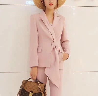 Autumn new elegant women's fashion trend temperament casual small suit two-piece pink professional wear workplace | Женская одежда