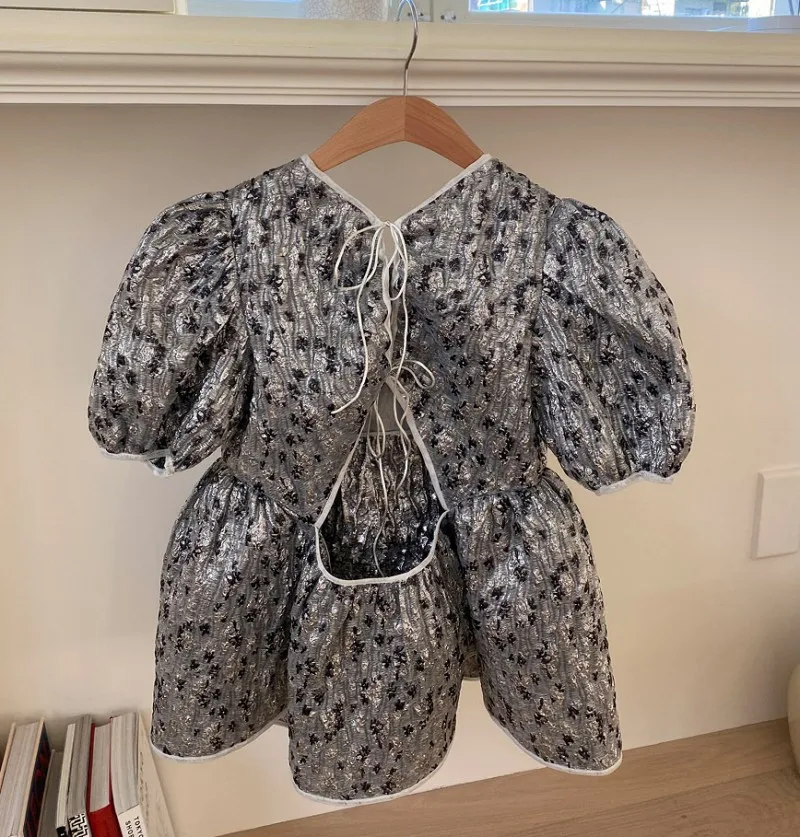 

Sweet Puff Short Sleeves Women Pullovers Printed Floral Tees Tops Design Kawaii T Shirt Fashion Hollow Out Sexy Casual T Shirts