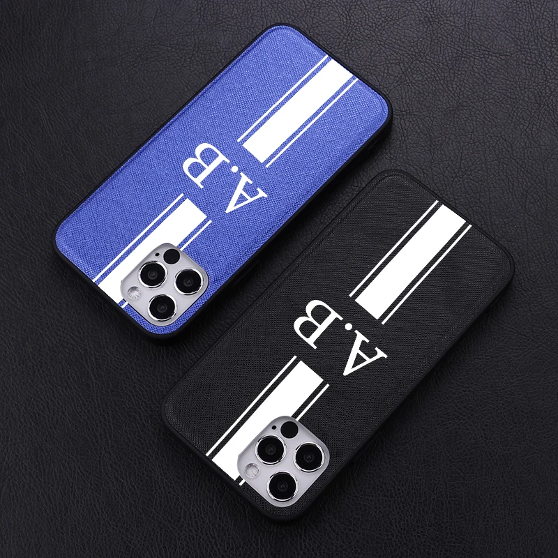 

Stripes Personalized Customize Name Initials Striped PU Leather Phone Case For iPhone 12 11 Pro XS Max XR 7Plus 8 8Plus Cover