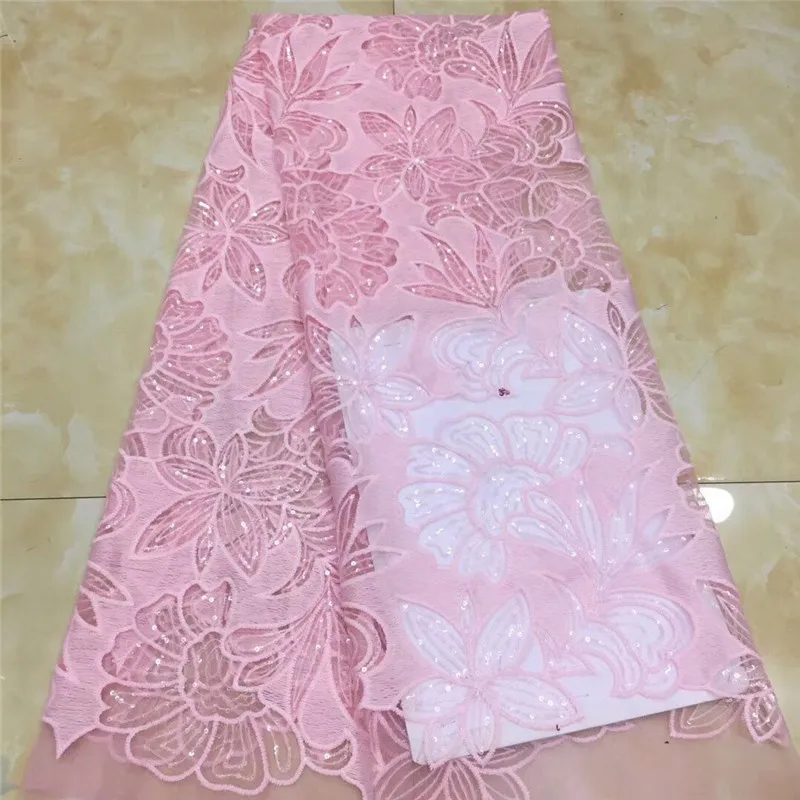 pink Embroidery Leaves Pattern Lace with Sequins Hot Sale African French Tulle Mesh Fabric for Bridal | Дом и сад