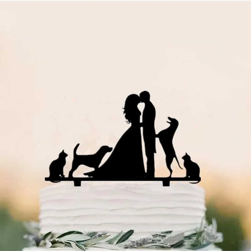 Акриловые Семья Стиль торт Топпер жених и невеста с 2 собак Кошки Одежда для