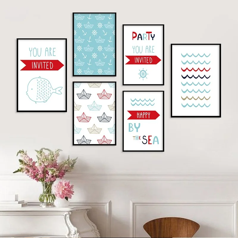 Скандинавский современный стиль Лодка Якорь Морская волна холст картина