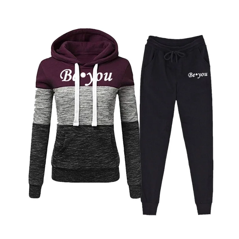 

Women's Three-Color-Blocking Hoodie Printed Hooded Pullover And Foot Pants Two-Piece Suit Women's Tracksuit Set Women's Clothing