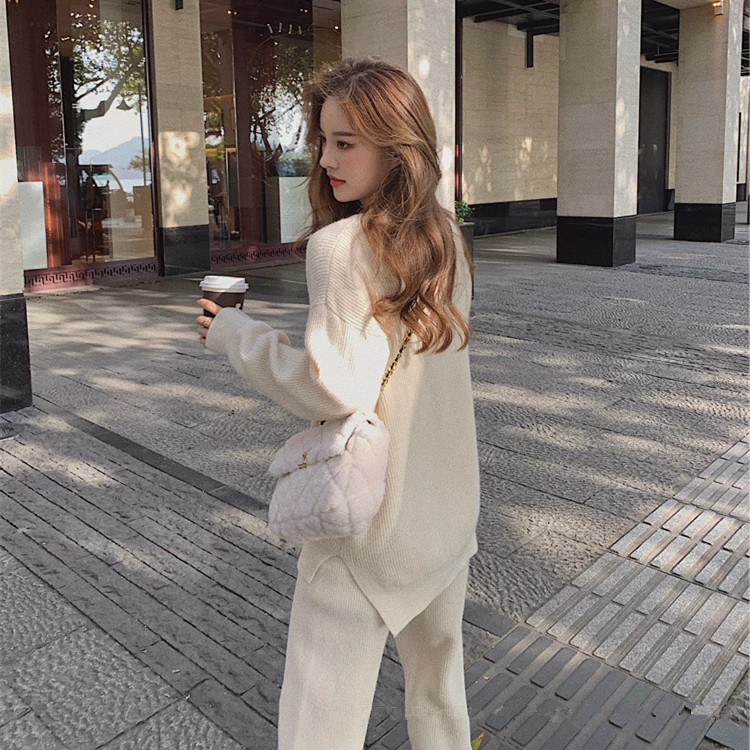

Two Piece Set Pullover Sweater Knit Tracksuit Women High Waist Knit Straight Pants Suit Spring Clothes
