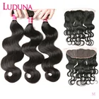 Luduna перуанские пучки волос с застежкой тела волнистые человеческие волосы 3 пряди с кружевной фронтальной застежкой 13*4 Remy наращивание волос