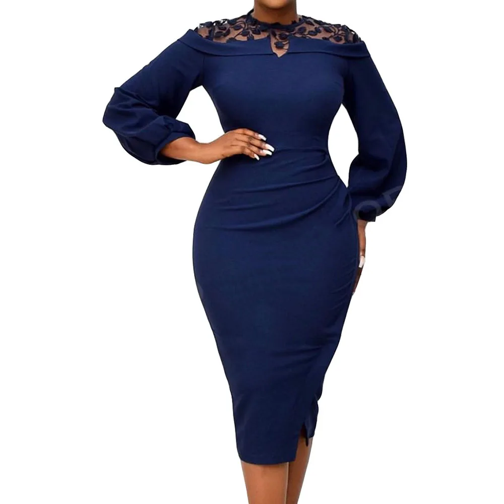 Темно-синее кружевное лоскутное женское платье 2020 лето осень миди облегающее Femme