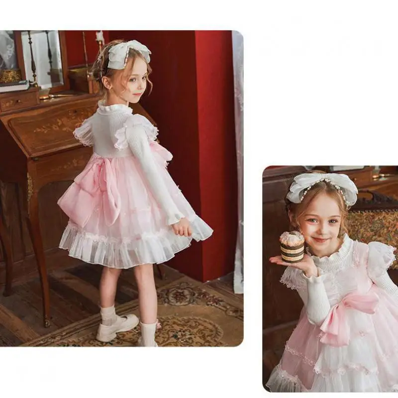Vestido de princesa Lolita para ni&ntilde;as, ropa de punto de manga larga suelta con dobladillo de malla, para fiesta de oto&ntilde;o y Estilo de primavera, 2-10 a&ntilde;os-3