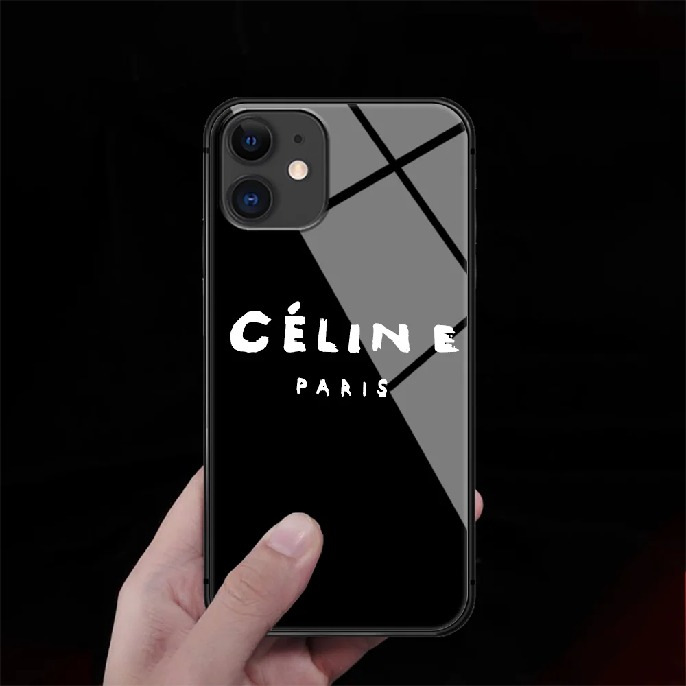

French Celins Luxury Brand Tempered Glass Phone Case Cover For IPhone 5 6 7 8 11 12 S Plus Xr X Xs Pro Max Mini Se 2020 Black