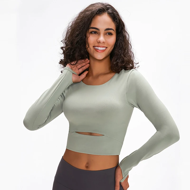 

2021 Women Long Sleeve Yoga Shirts Cropped Top with Padded Bra Soft Yoga Top Fitness Slim Blouses Female Tops Gym Workout Shirts