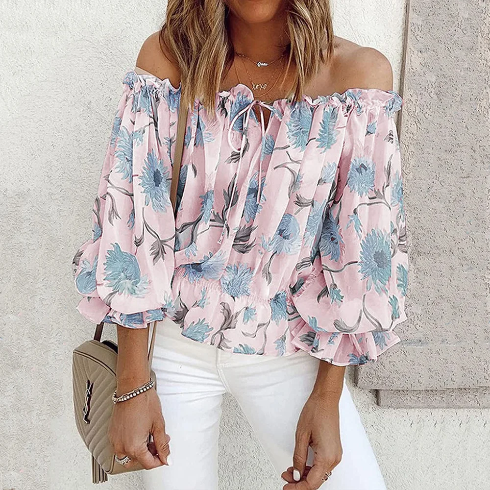 

TSACTE Women's Chiffon Blouse, Summer New One-Neck Shirt, Strapless Loose Printed Long-Sleeved T-Shirt