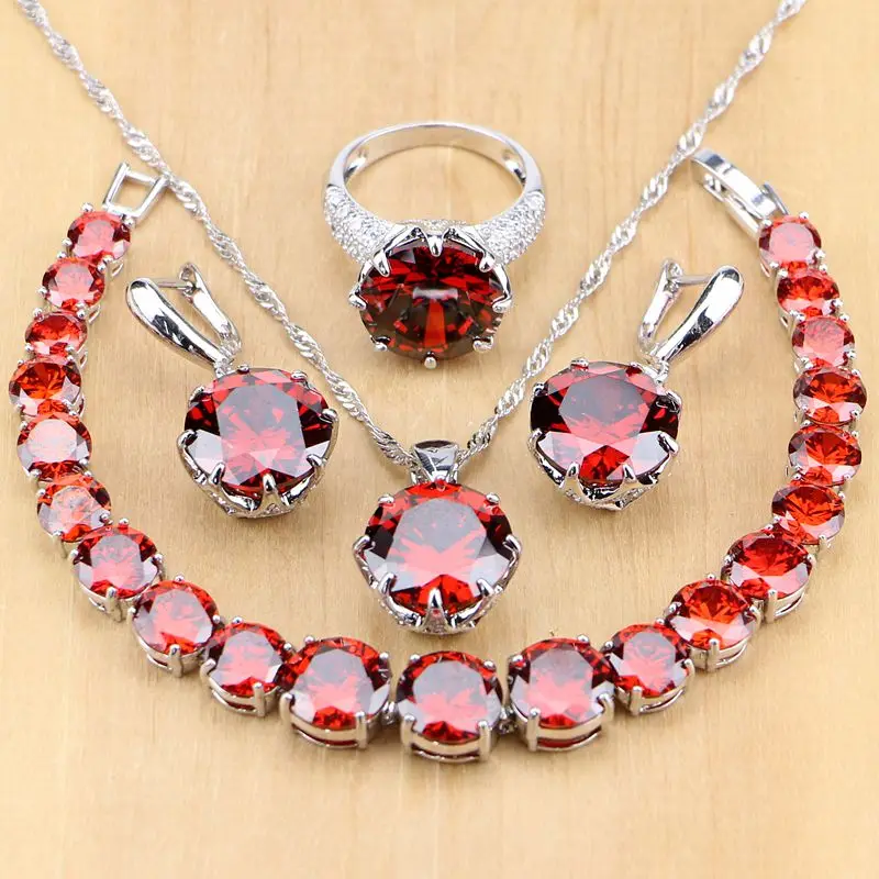 

Women 925 Silver Jewelry Sets Red Garnet White CZ Beads for Women Wedding Earrings/Pendant/Necklace/Rings/Bracelet Dropshipping