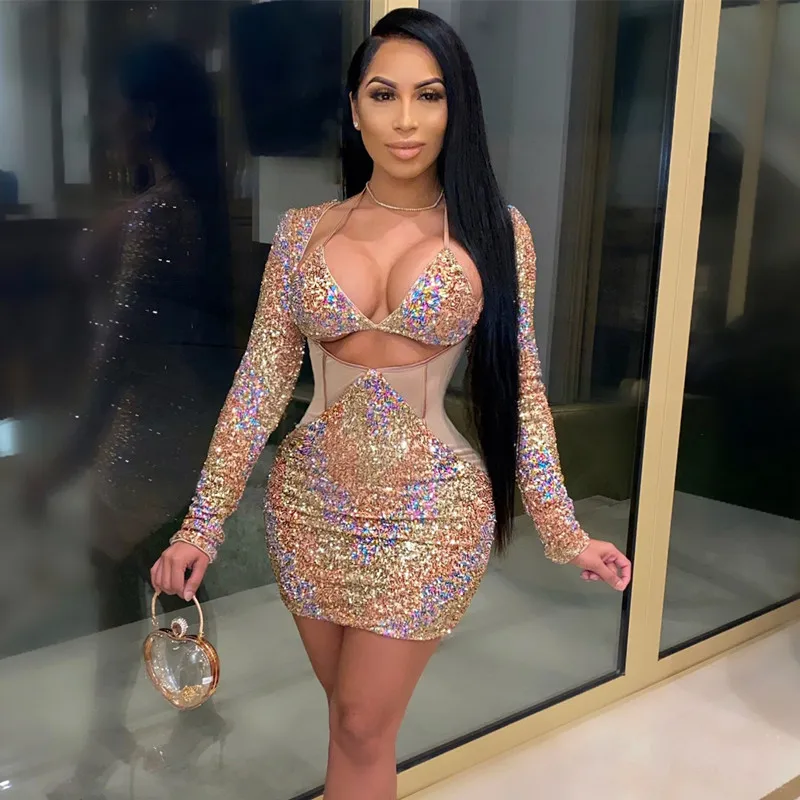 

Glitter Sexy Sequin Bodycon Halter Mini Dress Women Long Sleeve Party Birthday Outfits Singer Elegant Stage Night Club Costume