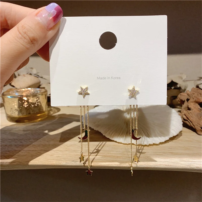 

Ladies Star Moon Long Tassel Pendant Earrings Punk Hip Hop Exquisite Luxury Inlaid Zircon Earrings Jewelry 2021 Halloween Gift
