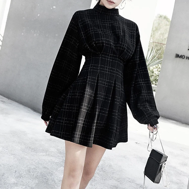 

One-Piece 2021 Autumn Winter Women Vintage Mini Dress Long Sleeve Plaid A-lined Gothic Dress for Goth Retro High Waist Dresses