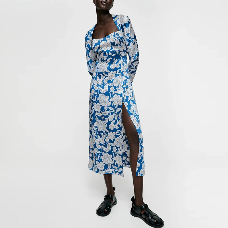 

Сезон весна; Новинка; Цветочный принт элегантное миди платье для женщин с квадратным вырезом; Платье трапециевидной формы с длинными рукава...