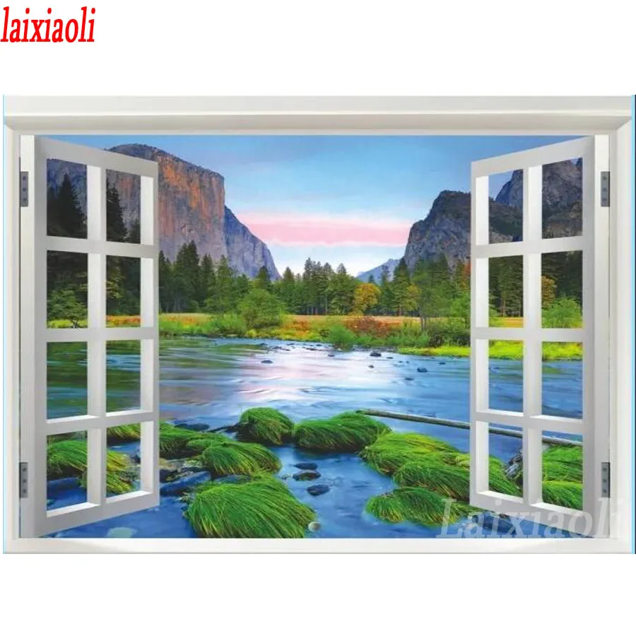 

Алмазная живопись 5d window Creek, вышивка крестиком из природных деревьев и гор, полная Алмазная вышивка, Алмазная мозаика 5d, украшение для дома