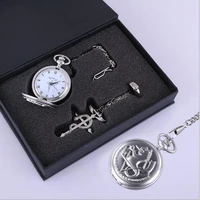 3setslot vintage alchemist edward elric cosplay pocket watch necklace ring 3pcs set with box jewelry accessory wholesale