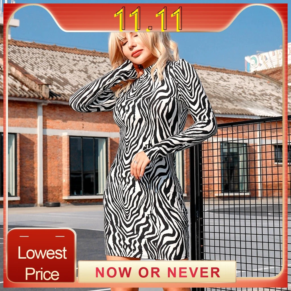Сексуальные модные женские платья макси с принтом зебры длинным рукавом осень 2019