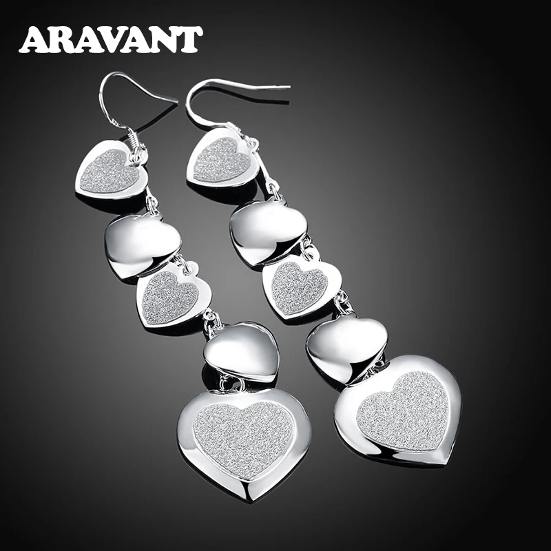 

925 Silver Earrings Scrub Heart Long Hanging Earring For Women Fashion Jewelry