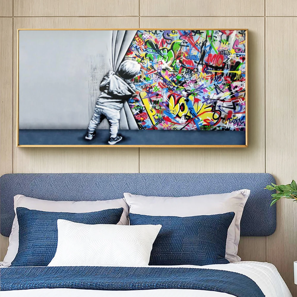 

Home Decor Kids Lover Behind The Curtain Graffiti Art Painitngs on the Wall Art Posters and Prints Modern Street Art Pictures