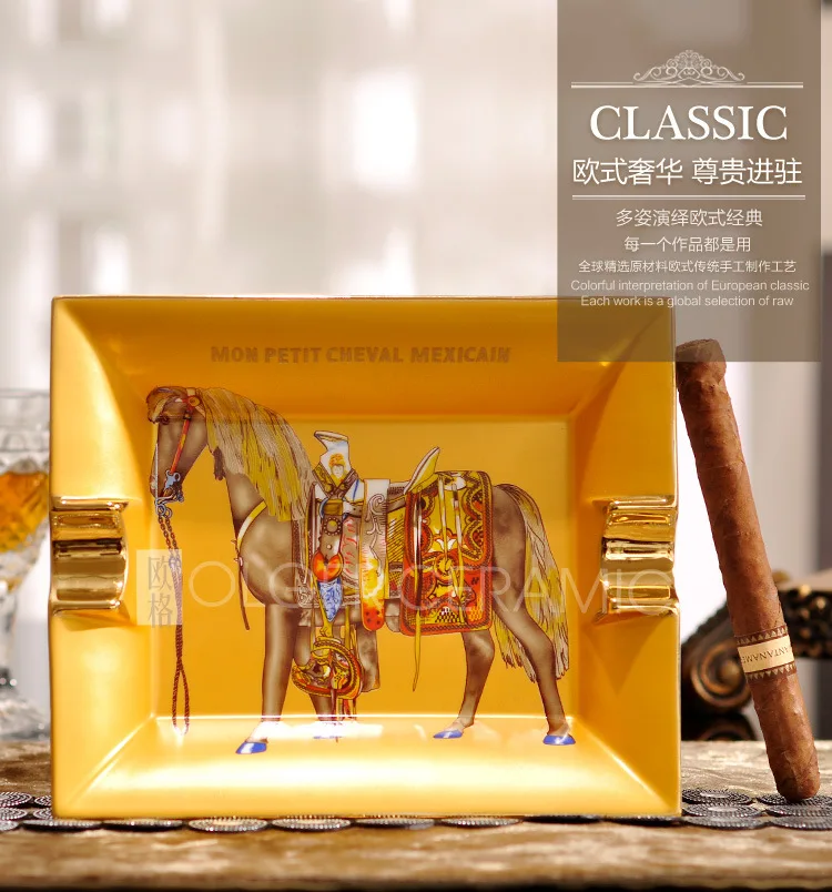 

CIGAR ASHTRAY European bone china ashtray double groove gold depicting ceramic cigarette set