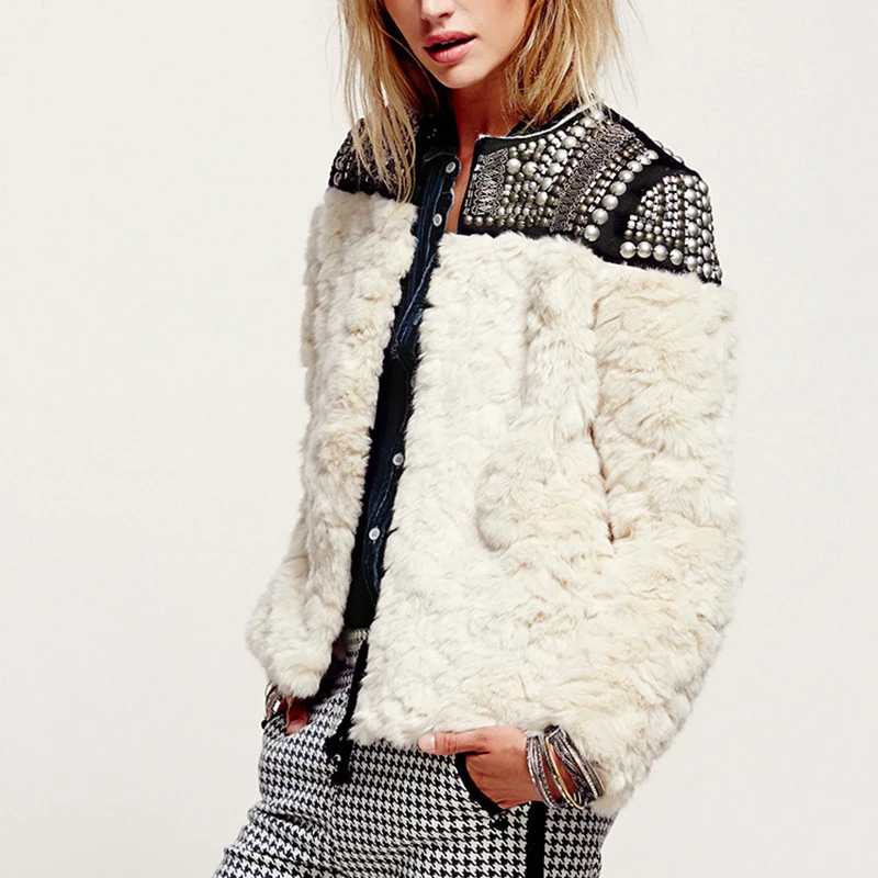 Fleece Rivet Coat For Women Faux Fur Patchwork Long Sleeve Thick Cardigan Female Winter Harajuku New Clothing