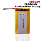 Литий-полимерный аккумулятор 383759 3,7 в 1000 мАч для GPS MP4 MP3 Bluetooth наушников, камеры, регистратора вождения, аккумуляторных элементов
