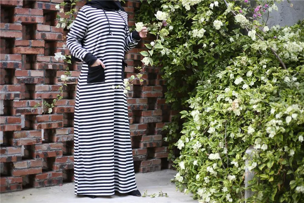 Мусульманское Полосатое Макси-платье с капюшоном Abaya внутренний кардиган