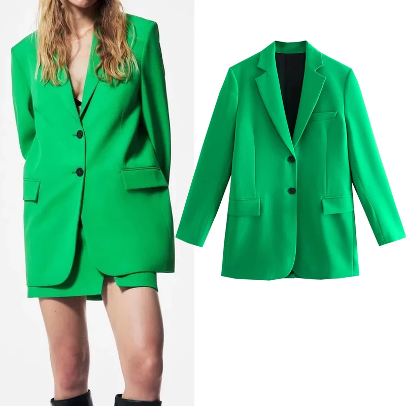 

2021 Green Long Blazer Woman Autumn Long Sleeve Jacket Women Elegant Female Blazer Set Fashion Office Casual Jacket