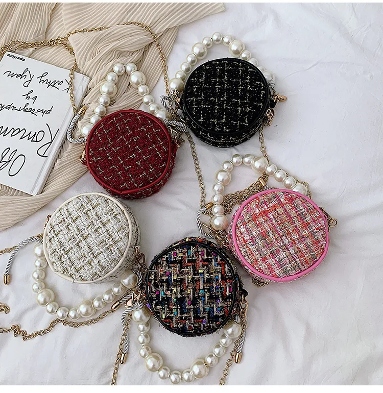 bolsos модные женские сумки-почтальон, круглая сумка на плечо, дизайнерская сумка через плечо, твидовые сумки для женщин, жемчужное колье, сумка